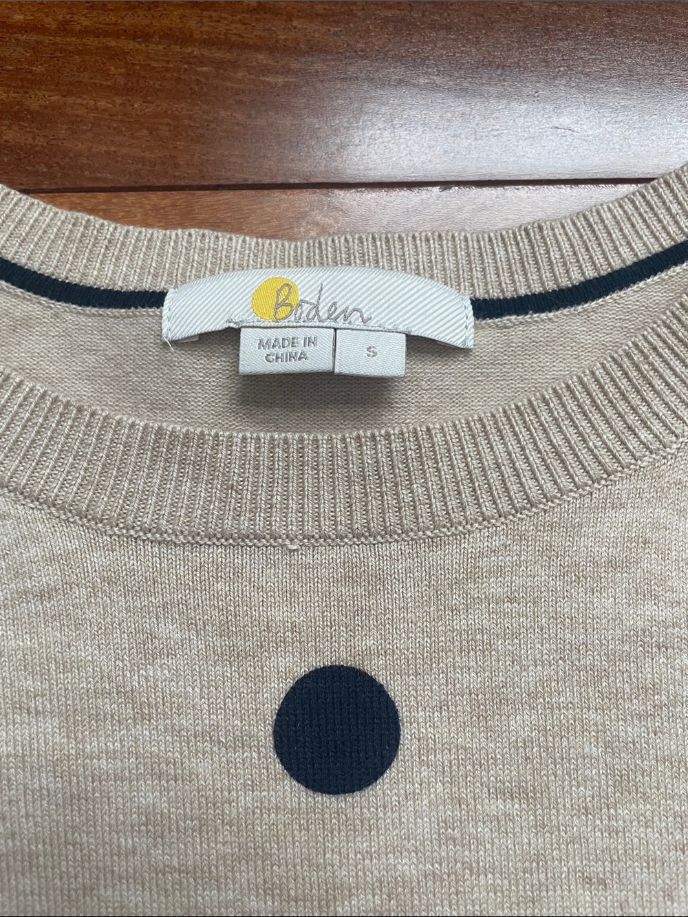 Boden Beige Crewneck Sweater with Navy Polka Dots - Picture 2 of 5